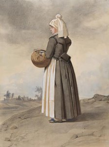 Apparel - woman in costume in full-length oblique view from behind in landscape, 1810-1857.  Creator: Otto Wallgren.