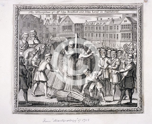 The execution of John Bradford and John Leaf at Smithfield, 1555, (c1713).  Artist: Anon
