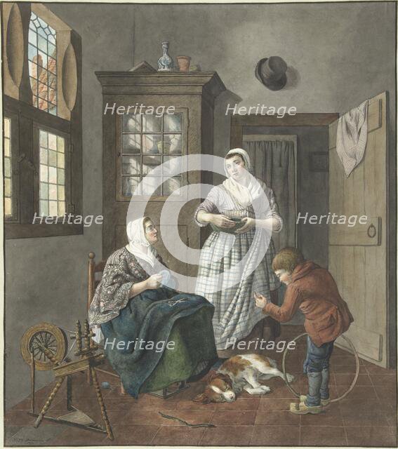 Interior with sewing woman, maid and playing boy, 1797. Creator: Hendrik Jan van Amerom.