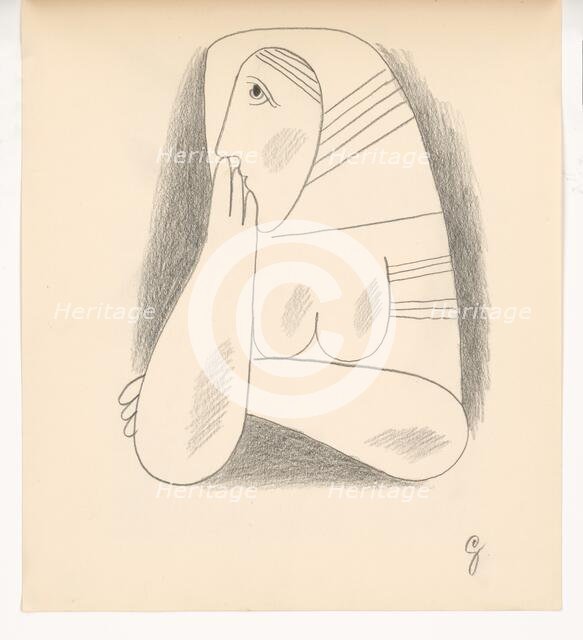 Woman in a striped scarf and a braid with her face supported, 1938. Creator: Mikulas Galanda.