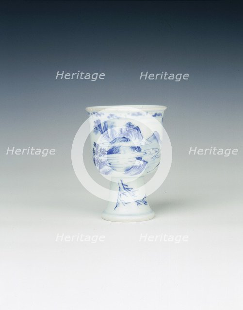 Blue and white stemcup with mountain landscape, China, 1662-1677. Artist: Unknown