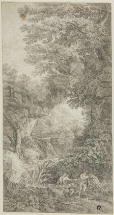 Forest Scene with Waterfall and Two Figures, n.d. Creator: Johann Samuel Bach.