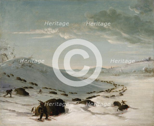 Buffalo Chase in Winter, Indians on Snowshoes, 1832-1833. Creator: George Catlin.