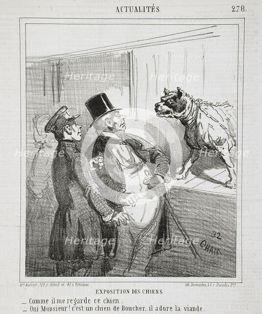 Français : Exposition des chiens: Comme il me regarde ce chien. -Oui Monsieur! c'est un..., 1865. Creator: Cham.
