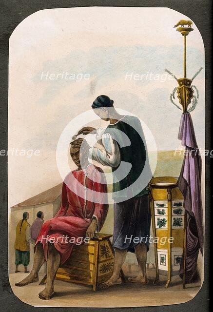 A barber shaving a seated man's head. Creator: Unknown.