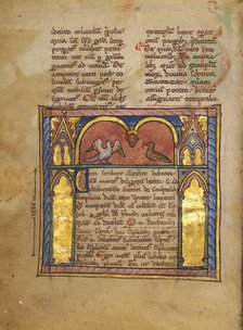 A Dove and a Falcon within an Arcade; Bestiary, about 1270. Creator: Unknown.