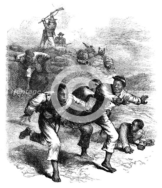 Flight of black Union soldiers from Fort Pillow, Tennessee, American Civil War, 1864 (c1880). Artist: Unknown