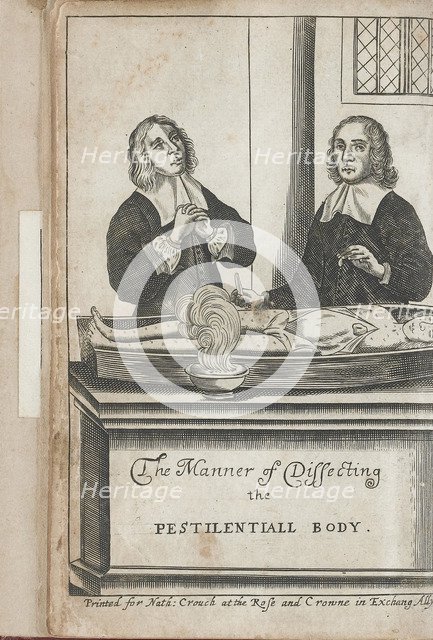 Two men dissecting a body with plague marks, 1666.