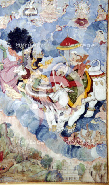 Krishna, riding the Bird-God Garuda, fights the God, Indra (on an elephant), c1590.  Artist: Unknown.