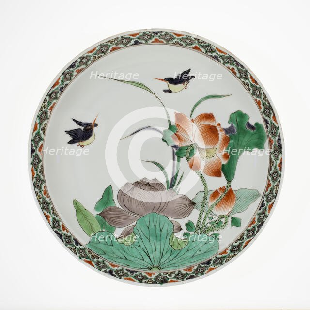 Plate with Lotus Blossoms and Kingfisher, Qing dynasty (1644-1911), Kangxi period (1662-1722). Creator: Unknown.