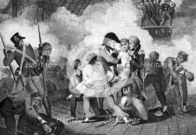 Death of Nelson on board 'HMS Victory' at the Battle of Trafalgar, 1805 (1827). Artist: Unknown