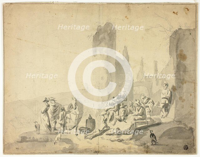 Harborside Scene with Various Figures, n.d. Creators: Hendrik Verschuring, Thomas Wyck, Nicolaes Berchem.