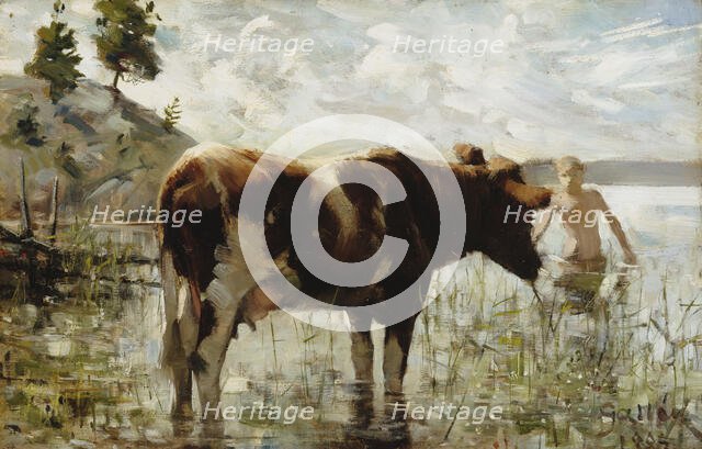 Cow and Boy, 1885. Creator: Akseli Gallen-Kallela.