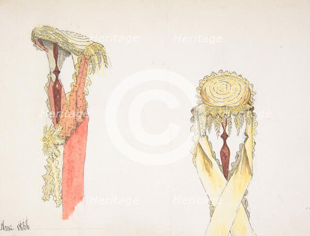 Two Views (Side and Front) of a Hat on a Stand, 1866. Creator: Auguste Félix.
