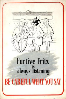 'Furtive Fritz is always listening. Be careful what you say', WWII poster, between 1939 and 1946. Creator: Central Office of Information.