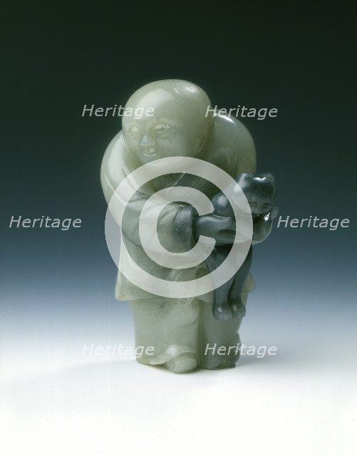 Jade chubby boy holding a black cat, early Ming dynasty or earlier, China, c1300-1550. Artist: Unknown