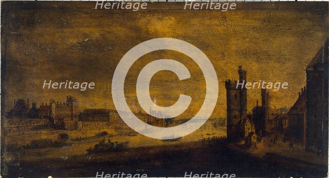 Hotel de Nevers, Tour de Nesle, Grande Galerie and the Louvre, seen from Pont-Neuf, around 1640. Creator: Unknown.