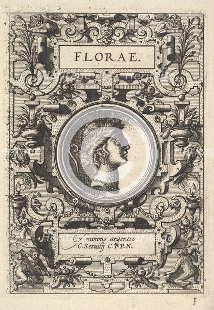 Bust of Florae surrounded by strapwork, from the series 'Deorum dearumque,' a set of image..., 1573. Creator: Unknown.