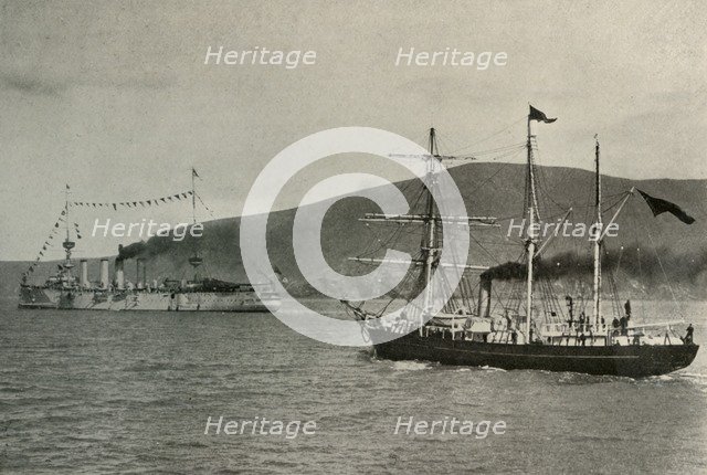 'The Nimrod Passing H.M.S. Powerful,...in Lyttelton Harbour', 1 January 1908, (1909).  Artist: Unknown.