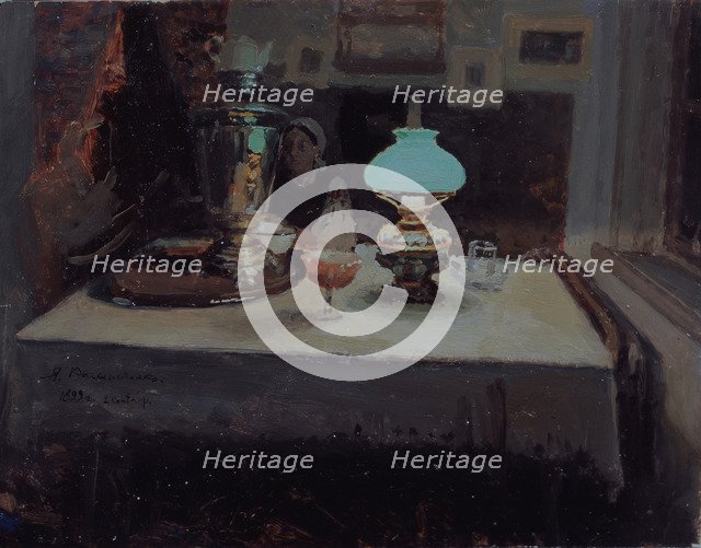 At the samovar, 1899. Artist: Kalinichenko, Jakov Jakovlevich (1869-1938)