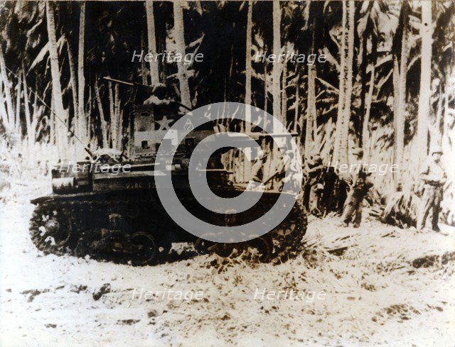 An American tank in the jungle of the Solomon Islands, September 1942. Artist: Unknown