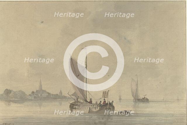 Sailing barges on the water in front of a Dutch town, 1758-1815. Creator: Nicolaas Wicart.