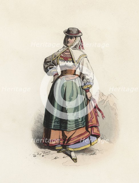 Woman from Salamanca, color engraving 1870.