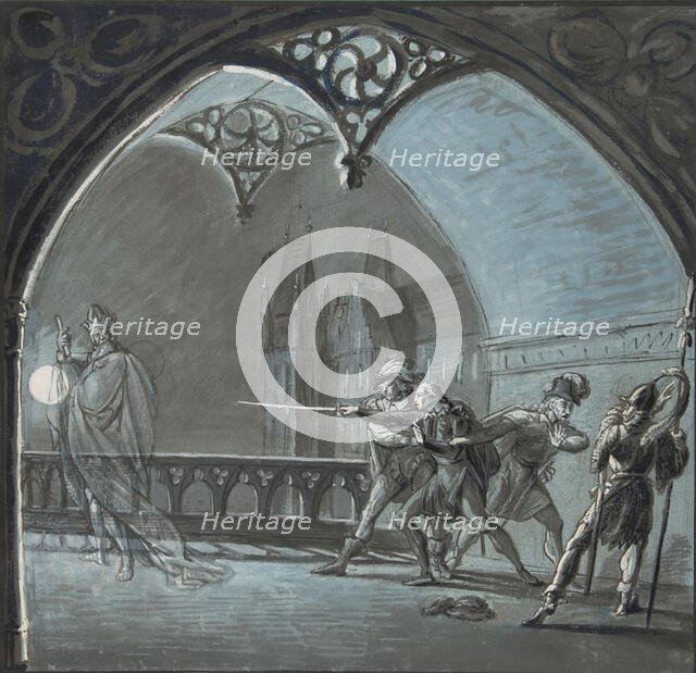The Ghost of the King Appearing to Hamlet, Horatio and Guards..., 19th century. Creator: Anon.