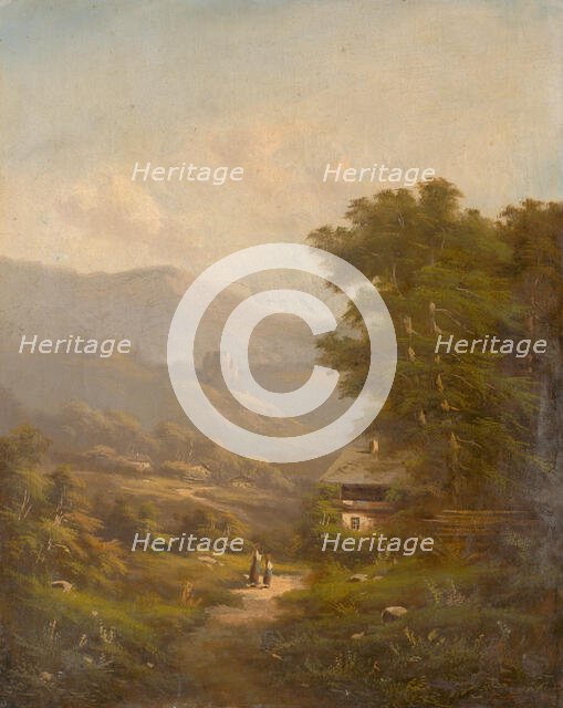 Landscape with a mountain road and castle ruins, 1830-1850. Creator: K. Hermann.