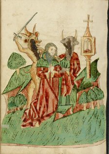 Josaphat Attacked by Two Demons; Barlaam und Josaphat, 1469. Creators: Hans Schilling, Diebolt Lauber.