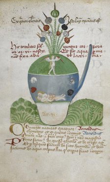 Glass vessel containing figures relating to alchemical experimentation, second half 15th century.  Creator: Unknown.