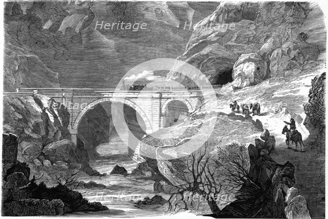 Techas Gorge, bridge over the Bayas river in the Railroad Bilbao to Tudela, engraving 1860.