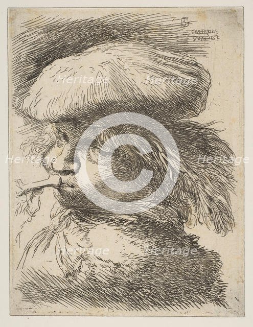 Young man with a trumpet facing left, from the series of 'Small Heads in Oriental..., ca. 1645-1650. Creator: Giovanni Benedetto Castiglione.