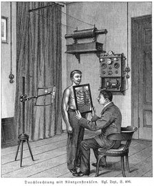 Examining a patient's thorax using an X-ray tube and fluorescent screen, 1903. Artist: Unknown