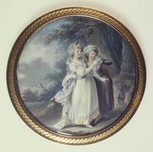 Two women in a park looking at a medallion, c1785. Creator: Ecole Francaise.