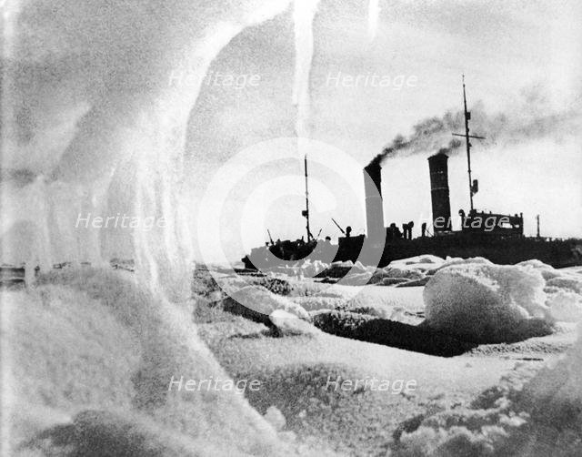Icebreaker Krasin among ice floes of the Arctic Ocean, 1936.