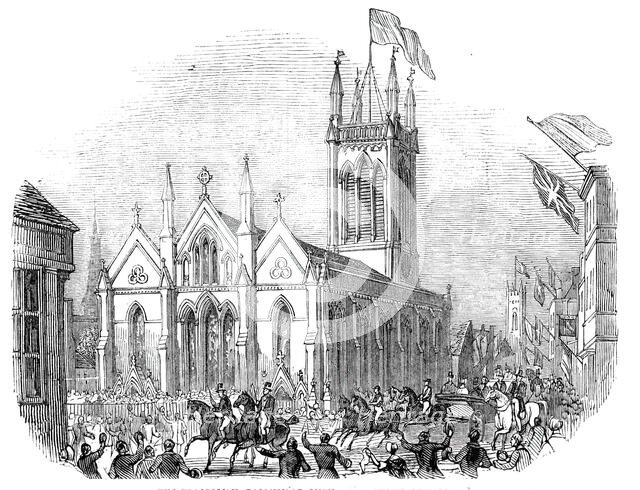 The procession, passing St. Michael's Church, Stamford, 1844. Creator: Unknown.