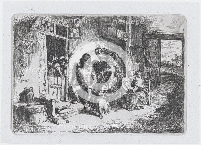 Plate 10: two figures dancing, another seated playing an drum, from the series of customs ..., 1850. Creator: Francisco Lameyer Berenguer.