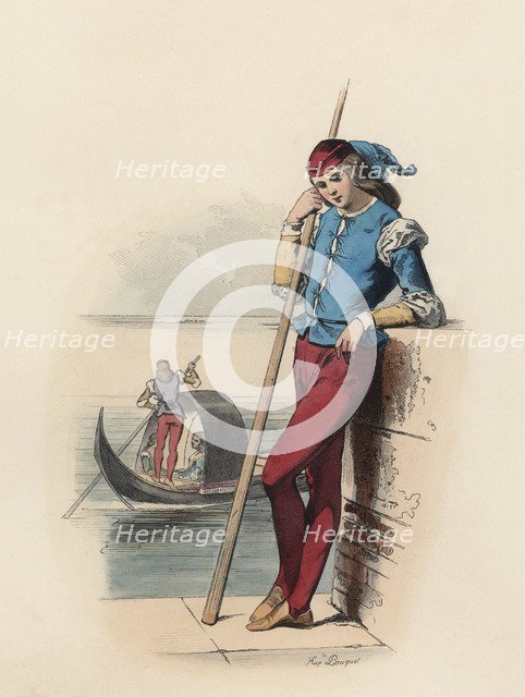 Venetian gondolier from beginning 16th century, color engraving 1870.