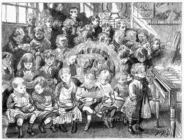 Children waiting for soup at dinner time, London Board School, Denmark Terrace, Islington, 1889. Artist: Unknown