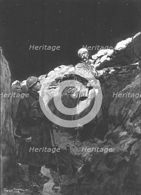 'Les blesse au Creneau; Le Colonel, "inspectant ses tranchees, une nuit d'alerte..., 1916. Creator: Georges Bertin Scott.