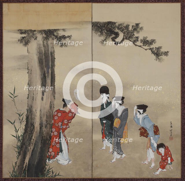 A Shinto Priest, Three Women and a Child, Edo period, ca. 1799-1801. Creator: Hokusai.