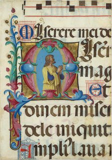 Manuscript Illumination with David in Prayer in an Initial M, from a Psalter, Italian, 1501-2. Creator: Girolamo dai Libri.