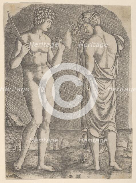 A naked man at left showing an axe to a woman at right, ca. 1510-27. Creator: Marcantonio Raimondi.