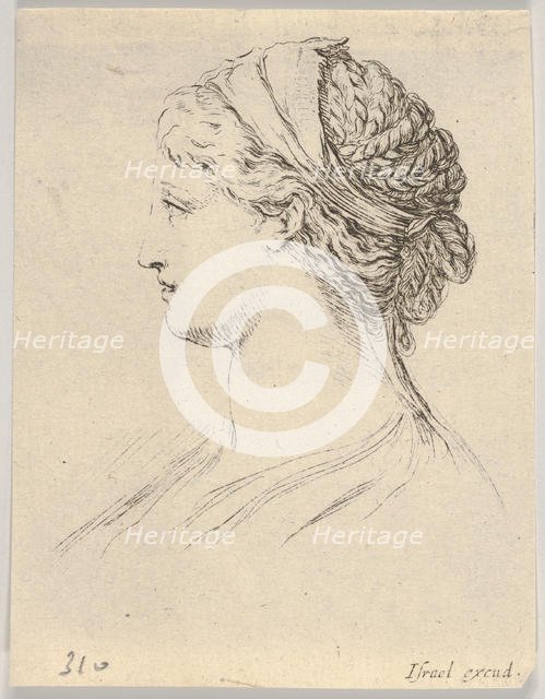 Plate 3: head of a woman with braided hair, turned in profile to the right, from 'Various ..., 1650. Creator: Stefano della Bella.