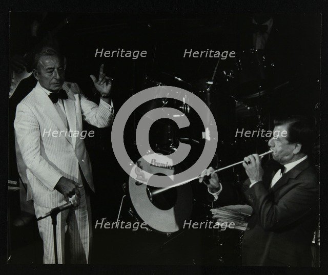 Dance band leader Joe Loss (left) on stage at the Forum Theatre, Hatfield, Hertfordshire, 1986. Artist: Denis Williams