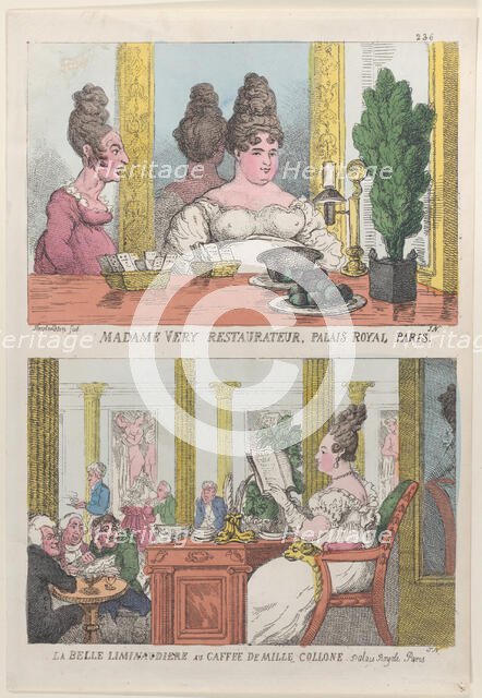 Madame Very Restauranteur, Palais Royal Paris and La Belle Liminaudiere au Caffee De Mille..., 1814. Creator: Thomas Rowlandson.
