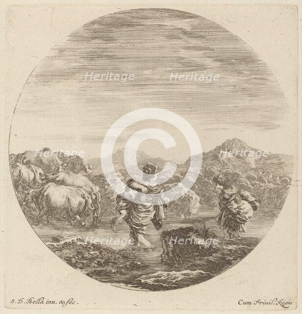 Two Women Fording a Creek with a Herd of Cows. Creator: Stefano della Bella.