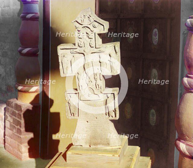 1459 tombstone made of white limestone in the Rostov museum, Rostov Velikii, 1911. Creator: Sergey Mikhaylovich Prokudin-Gorsky.