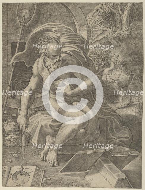 Diogenes seated with his barrel behind him, and reading a book while holding a stic..., ca. 1526-27. Creator: Giovanni Jacopo Caraglio.